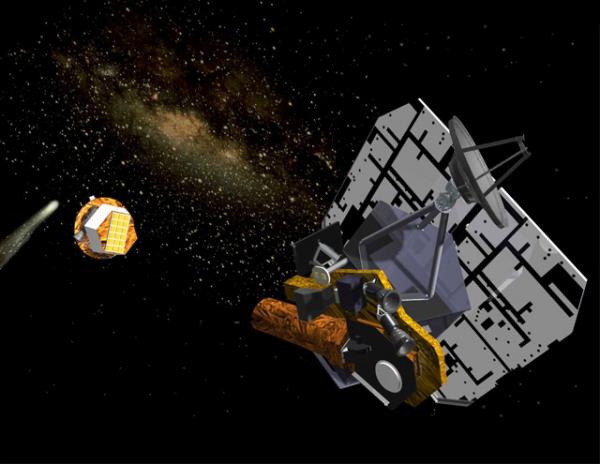 Космический зонд НАСА Deep Impact направляет медную болванку «Импактор» для столкновения с кометой Tempel 1. 2005 г. credit NASA/JPL Космический зонд НАСА Deep Impact направляет медную болванку «Импактор» для столкновения с кометой Tempel 1. 2005 г. credit NASA/JPL